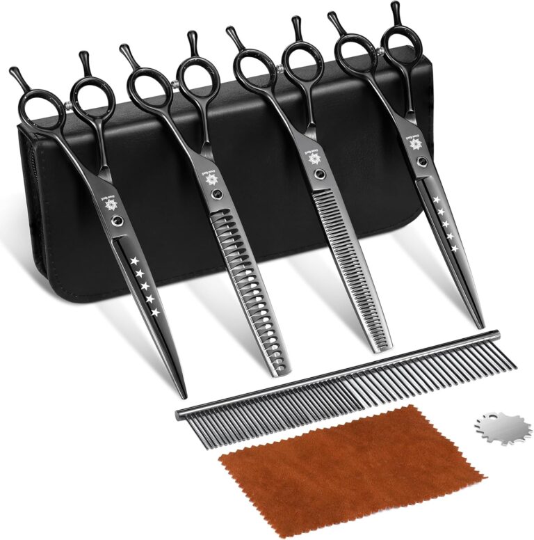 Dream Reach Dog Grooming Scissors - Professional 7.5 Inch Pet Scissors Sharp and Durable Shears Set Thinning, Chunker, Straight, Curved Shears and Comb for Dog Cat Pet, Black