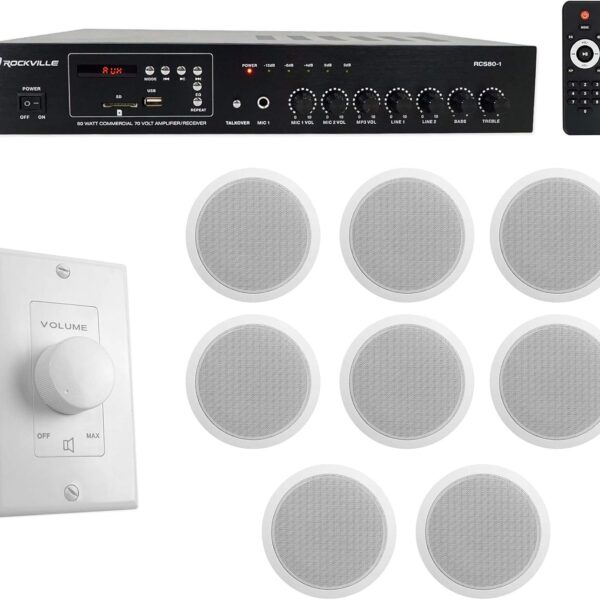 Rockville Commercial Audio Bundle: RCS80-1 60W 70V Bluetooth Amplifier, (8) CCL6T White 6" Ceiling Speakers, VOL70100 100W Wall Volume Control, 10-Items