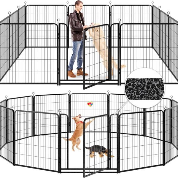 Kfvigoho Dog Playpen Outdoor Extra Wide 12 Piece Panels Heavy Duty Anti-Rust Coating-Strengthened Dog Fence 40" Height with Doors Portable for RV Camping Yard, Total 32FT, 79 Sq.ft, Snowy Black