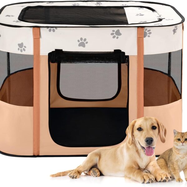Avont Portable Dog Cat Playpen, Foldable Pop Up Pet Play Pen Travel Crate with Floor and Mesh Door Top for Indoor Outdoor Collapsible Tent Cage -M, Orange