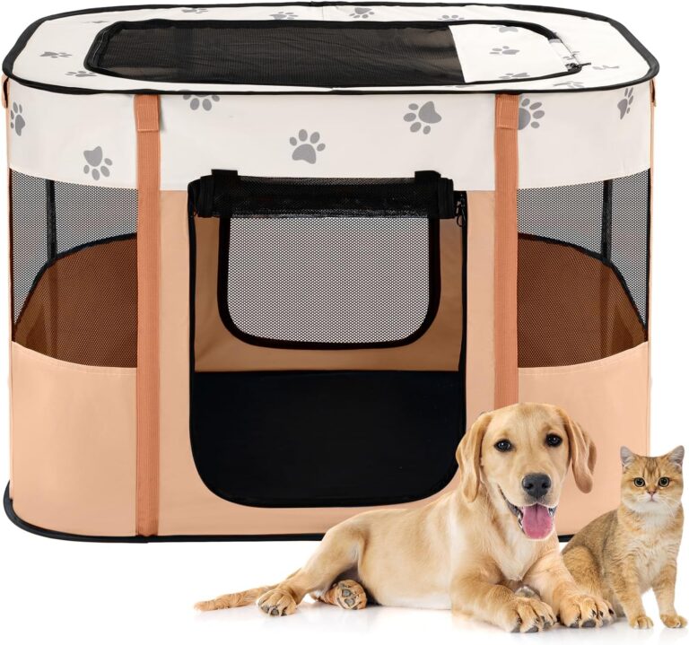 Avont Portable Dog Cat Playpen, Foldable Pop Up Pet Play Pen Travel Crate with Floor and Mesh Door Top for Indoor Outdoor Collapsible Tent Cage -M, Orange