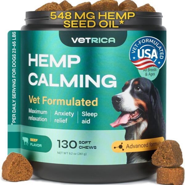 Calming Chews for Dogs Anxiety Relief - Hemp Calming Chews for Dogs with Valerian Root, Hemp Seed Oil, Turmeric, L-Theanine - Soft Treats for Storms, Fireworks, Separation, Vet Visits, Grooming