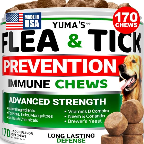 Flea and Tick Prevention for Dogs Chewables - 170 Treats - Natural Dog Flea and Tick Treatment Chewable Supplement - Oral Pills - All Breeds & Ages - Soft Chews - Made in USA - Bacon Flavor
