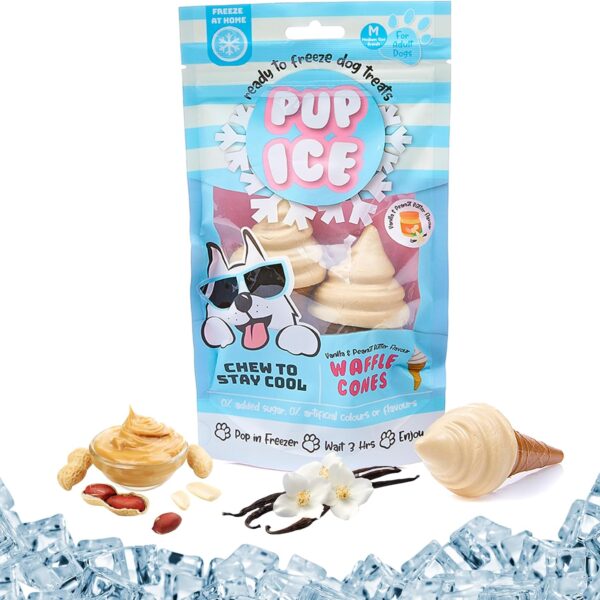 SPOT Pup Ice- Ready to Freeze at Home Dog Treats-Edible Chews for Medium Breed Dogs & Puppies with Real Chicken to Keep Your Pup Cool Year Round, Waffle Cone Vanilla and Peanut Flavor, 2pcs