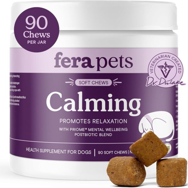 Fera Pets Dog Calming Chews - Helps Manage Everyday Stress & Separation - Promotes Relaxation - Ashwagandha & Priome Mental Wellbeing Postbiotic Blend - 90 Soft Chews