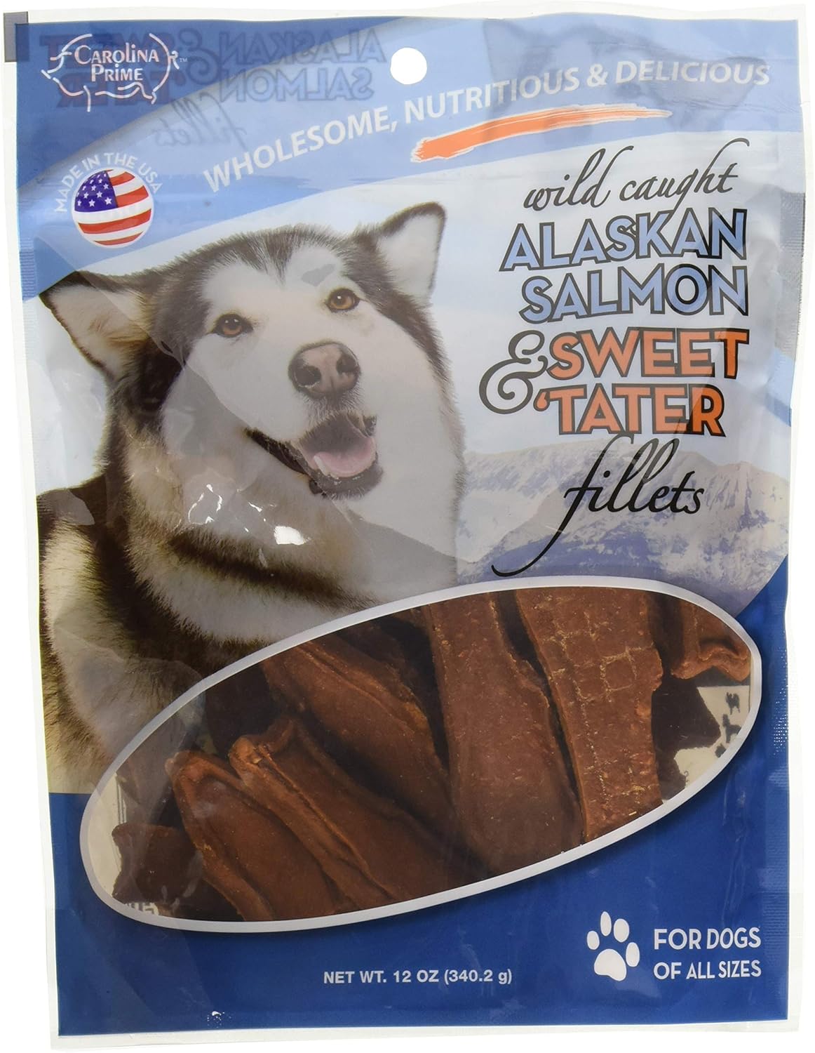 Carolina Prime Pet 45106 Salmon And Sweet Tater Fillets Treat For Dogs ( 1 Pouch), One Size , 12 Ounce (Pack of 1) Carolina Prime Pet 45106 Salmon And Sweet Tater Fillets Treat For Dogs ( 1 Pouch), One Size , 12 Ounce (Pack of 1)
