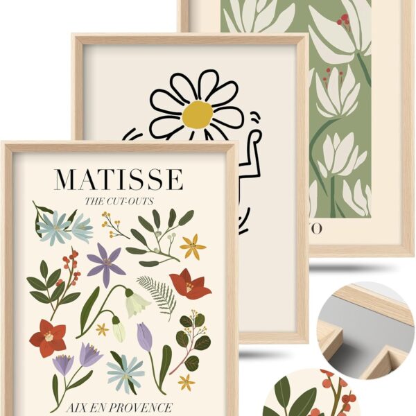 Framed Matisse Canvas Wall Art for Bedroom,Abstract Matisse Canvas Wall Decor,Minimalist Classic Decor Aesthetic,16x12IN Wood High Framed Design Posters for Living Room,Bathroom Set of 3