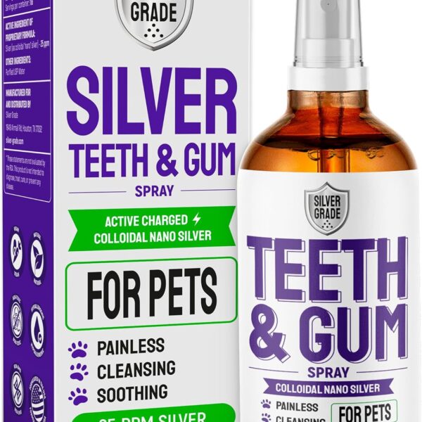SILVER GRADE Teeth & Gum Dog Breath Spray for Pets Mouth  Cat Dental Care with Silver  Dog Breath Freshener Helps with Tartar & Caries  Plaque Remover for Daily Use  4 Oz