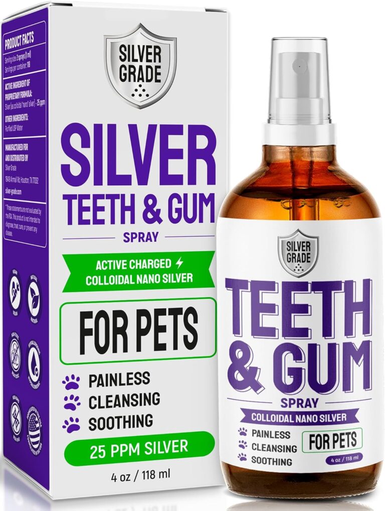 SILVER GRADE Teeth & Gum Dog Breath Spray for Pets Mouth  Cat Dental Care with Silver  Dog Breath Freshener Helps with Tartar & Caries  Plaque Remover for Daily Use  4 Oz