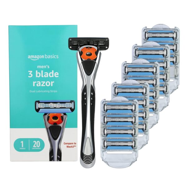 Amazon Basics 3-Blade Motion Sphere Razor for Men with Dual Lubrication, Handle & 20 Cartridges, Cartridges fit Amazon Basics Razor Handles only, 21 Piece Set, Black (Previously Solimo)