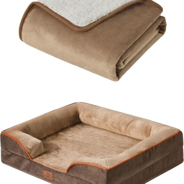 Bedsure Orthopedic Dog Bed 28"x23" Brown Waterproof Dog Blanket 25"X35", Camel