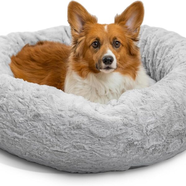 Best Friends by Sheri The Original Calming Donut Dog Bed Washable Plush Pet Bed for Medium Breeds up to 45 lbs, Lux Faux Fur, Gray, Medium (30" x 30")