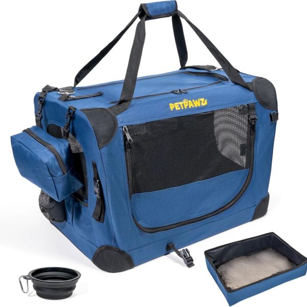 Portable Collapsible Dog, Cat Carrier with Litter Box, Soft Pet Carrier 24x16x16, Foldable Bowl, Detachable Pouch, Removable Mat, for Large Cats & Small Dogs