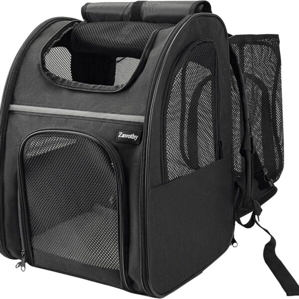 Zavothy Expandable Pet Backpack Carrier for Small Cats & Dogs, Airline Approved Travel Bag with Mesh Windows, Expandable Space, Padded Bottom, Foldable Design Black