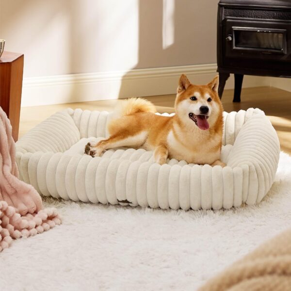 Bedsure Cute Dog Beds Large Sized Dog - Washable Furry Pet Beds, Rectangle Orthopedic Corduroy Fleece Puppy Beds with Removable Zipper Cover, 36x27x8inches, Cream