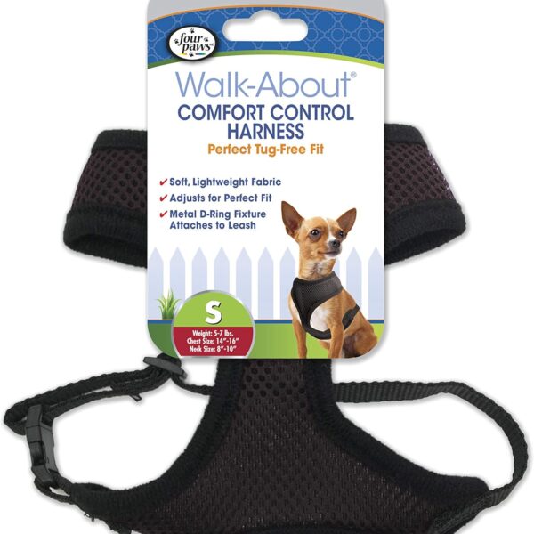 Four Paws Walk-About Comfort Control No-Pull Harness for Dogs, Adjustable Soft Padded Breathable Air Mesh Dog Vest for Walking, Black, Small