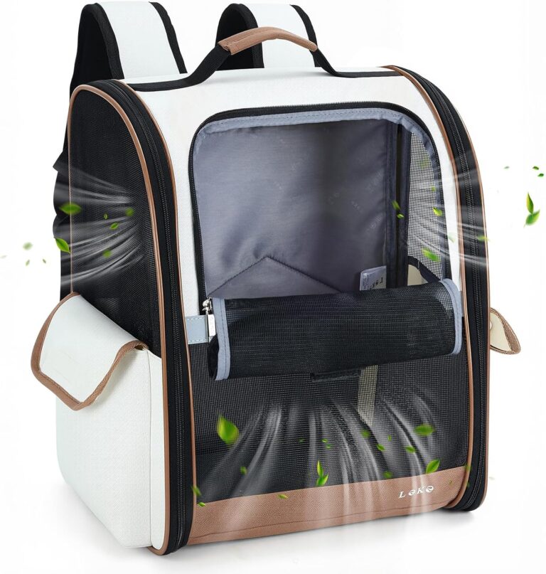 Lekereise Ventilated Dog Backpack Carriers, Cat Carrier Backpacks with Breathable Mesh for Small Cats Dogs Puppies Up to 17 Lbs, Pet Foldable Backpack Great for Travel Hiking Camping Outdoor Beige