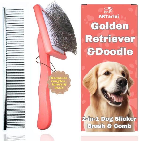 2-in-1 Dog Slicker Brush & Comb for Golden Retriever & Doodle - Easy Detangling & Deshedding, Tailored for Matted Coats of Long Curly Haired Doodle Mixes - Effortless Tangle-Free Grooming