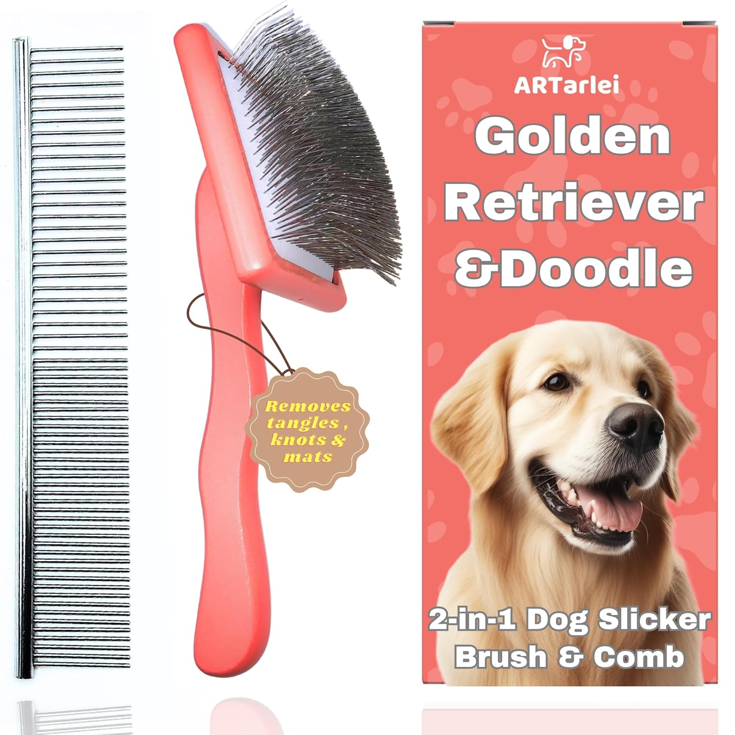 2-in-1 Dog Slicker Brush & Comb for Golden Retriever & Doodle - Easy Detangling & Deshedding, Tailored for Matted Coats of Long Curly Haired Doodle Mixes - Effortless Tangle-Free Grooming 2-in-1 Dog Slicker Brush & Comb for Golden Retriever & Doodle - Easy Detangling & Deshedding, Tailored for Matted Coats of Long Curly Haired Doodle Mixes - Effortless Tangle-Free Grooming
