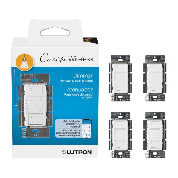 Lutron Caseta Original Smart Dimmer Switch (Lutron Smart Hub Required), for LED Lights, 150 Watt, Single-Pole/3-Way, No Neutral Required, PD-6WCL-WH, White, 4-Pack