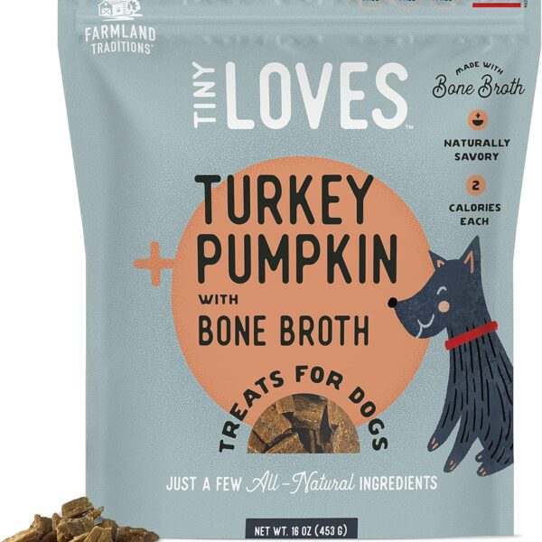 Farmland Traditions Tiny Loves Jerky Trainer Treats for Dogs w/Bone Broth (Turkey & Pumpkin, 6 oz.)
