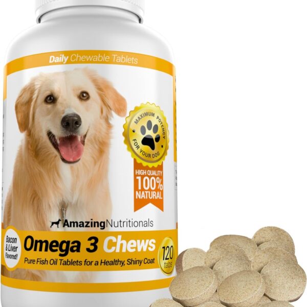 Amazing Omega 3 for Dogs - Omega 3 Fish Oil for Dogs Supplement for Itchy Skin Relief for Dry Skin and Hot Spots and Shedding Coat with EPA and DHA Fatty Acids - 120 Bacon Flavor Chews