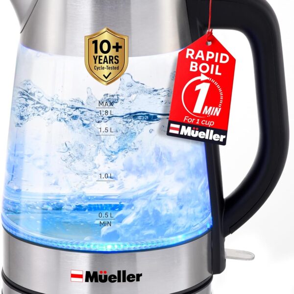 Mueller Rapid Boil Electric Tea Kettle 1.8L  Borosilicate Glass & Stainless Steel  BPA-Free Hot Water Boiler, LED Light, Auto Shut-Off, Boil Dry Protection Fast Water Heater  Kitchen Appliances