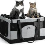 Pecute Large Cat Carrier for 2 Cats Built-in Steel Frame & Removable Divider,Pet Carrier for Car Travel,Foldable Dog Crate,Soft Double Cat Crate with Breathable Mesh,Vet,Gray