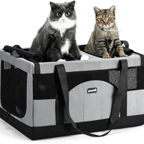 Pecute Large Cat Carrier for 2 Cats Built-in Steel Frame & Removable Divider,Pet Carrier for Car Travel,Foldable Dog Crate,Soft Double Cat Crate with Breathable Mesh,Vet,Gray