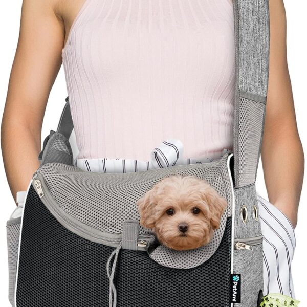PetAmi Small Dog Sling Carrier, Soft-Sided Crossbody Puppy Carrying Purse Bag, Adjustable Sling Pet Pouch to Wear Medium Dog Cat Travel, Dog Bag for Traveling, Poop Bag Dispenser, Max 10 lbs, Gray