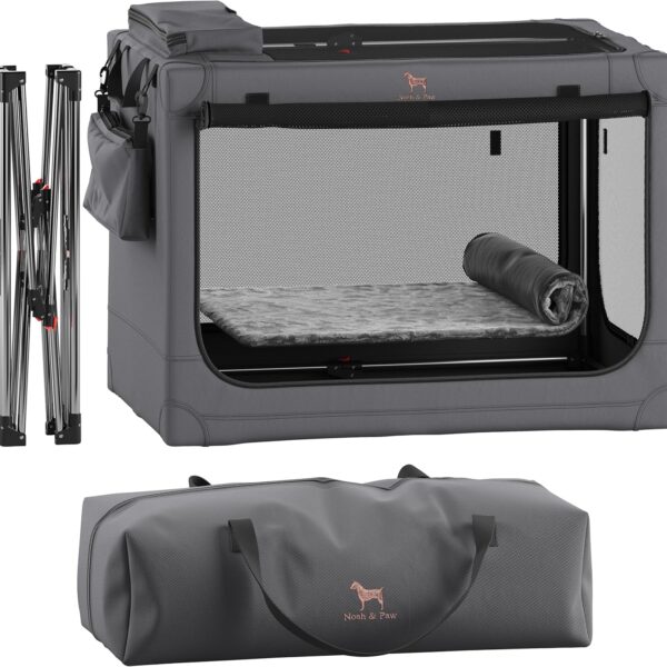 Noah & Paw Collapsible Dog Crate 30 Inches, Large Dog Crate for Large Medium Breeds, Travel Kennel for Car, Including Pet Mat for Pet Cage, 2 Storage Pockets, Handbag, 10mm Locking Zipper 30*21*21
