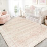 Pink Nursery Rug for Baby Girl 5 x 7 Neutral Blush Pink Boho Cute Floral Foldable Machine Washable Low Pile Soft Surface Carpet Area Rugs for Living Room Bedroom Dorm Kids Playroom,5x7