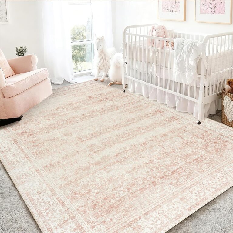 Pink Nursery Rug for Baby Girl 5 x 7 Neutral Blush Pink Boho Cute Floral Foldable Machine Washable Low Pile Soft Surface Carpet Area Rugs for Living Room Bedroom Dorm Kids Playroom,5x7