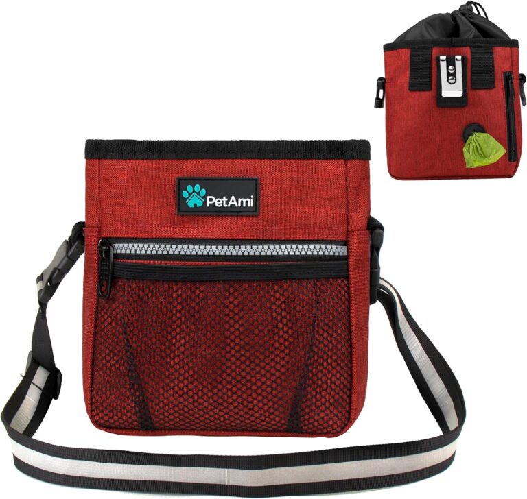 PetAmi Dog Treat Pouch, Pet Treat Pouch for Training, Dog Walking Bag Holder for Kibbles, Pet Food Toy, Dog Trainer Essentials Supplies, Poop Bag Dispenser, 3 Ways to Wear (Red)