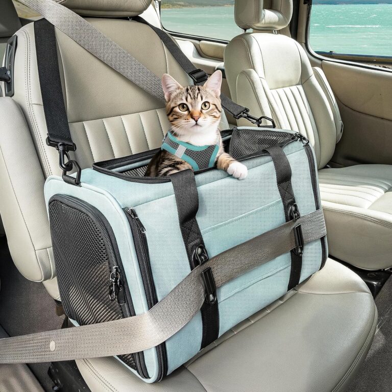 Cat Car Carrier with Seat Belt Anchor  Escape Proof Cat Car Seat for Safe Driving, Lockable Zipper & Anti-Loss Harness, Soft-Sided Secure Carrier, Airline Approved Under-Seat (Small Pets)