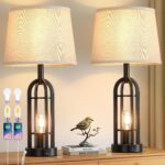 Black Table Lamps for Living Room Set of 2 - Farmhouse Lamps for Night Stands with USB A+C, Bedside Lamps for Bedroom, 24'' Industrial Lamp for Living Room End Tables