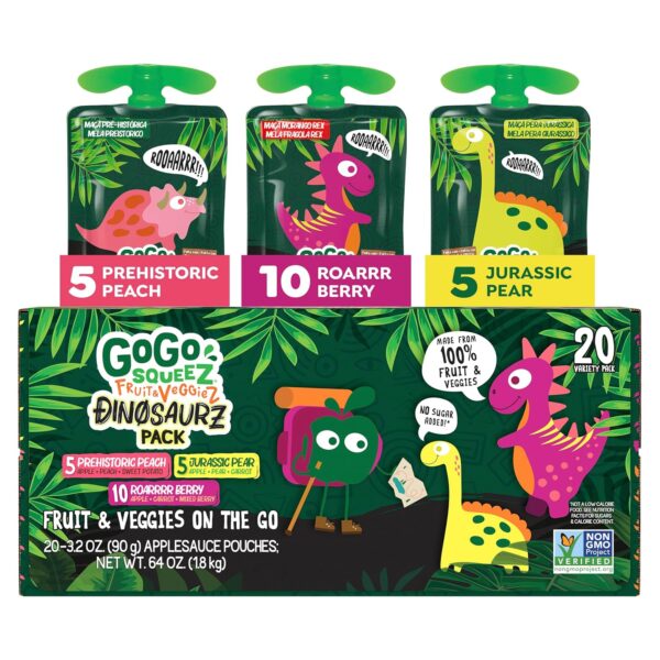 GoGo squeeZ Fruit & veggieZ Applesauce and Puree Variety Pack, Jurassic Pear, Roarrrr Berry & Prehistoric Peach, 3.2 oz (Pack of 20), Unsweetened Snacks for Kids, BPA Free Pouches
