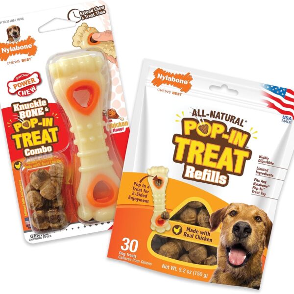 Nylabone Knuckle Bone Pop-in Treat Toy Power Chew Toy with 30 Refills, Interactive Treat Dispensing Enrichment Toys for Dogs, Long Lasting Chicken Flavor, Medium Dogs - Up to 35 lbs, 2 Pack