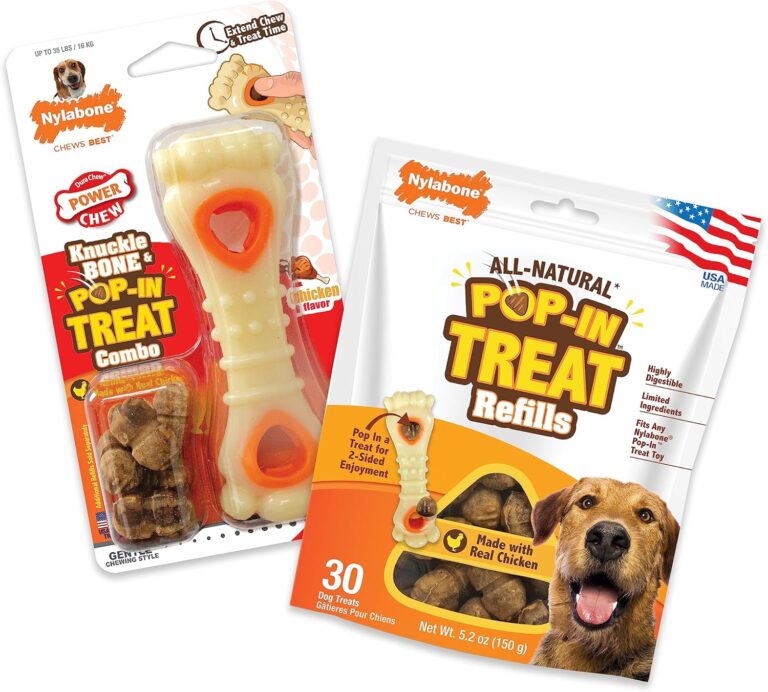 Nylabone Knuckle Bone Pop-in Treat Toy Power Chew Toy with 30 Refills, Interactive Treat Dispensing Enrichment Toys for Dogs, Long Lasting Chicken Flavor, Medium Dogs - Up to 35 lbs, 2 Pack