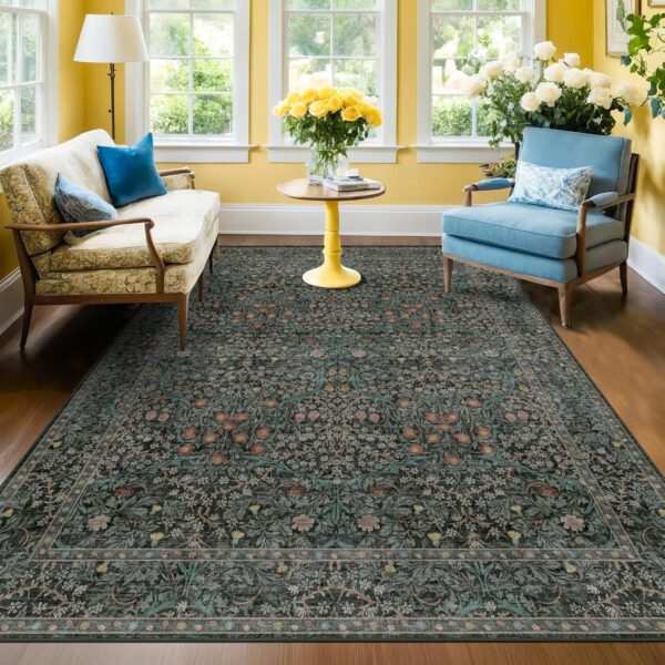 Dark Green Floral Living Room Rug 5x7 Area Rug - Vintage Forest Washable Mat for Dining Room, Bedroom, Low Pile Non Slip Stain Resistance Distressed Retro Indoor Boho Carpet (5x7 Dark Green)