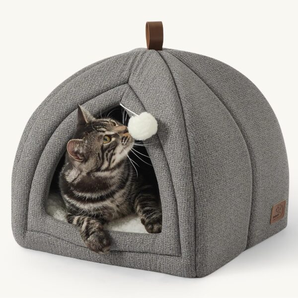 Bedsure Cat Beds for Indoor - 2 in 1 Cat Cave House Tent for Kittens and Small Pets with Removable Washable Cushioned Pillow, Foldable Kitten Hideaway with Non-Slip Bottom, Grey, 16 inches