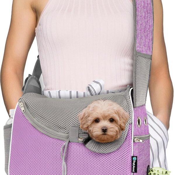 PetAmi Small Dog Sling Carrier, Soft-Sided Crossbody Puppy Carrying Purse Bag, Adjustable Sling Pet Pouch to Wear Medium Dog Cat Travel, Dog Bag for Traveling, Poop Bag Dispenser, Max 10 lbs, Purple