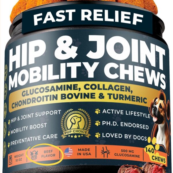 Glucosamine 500mg Hip & Joint Support Supplement for Dogs Chondroitin, Collagen, MSM & Turmeric Chews Supports Mobility, Flexibility & Joint Health for Large Breeds & Seniors