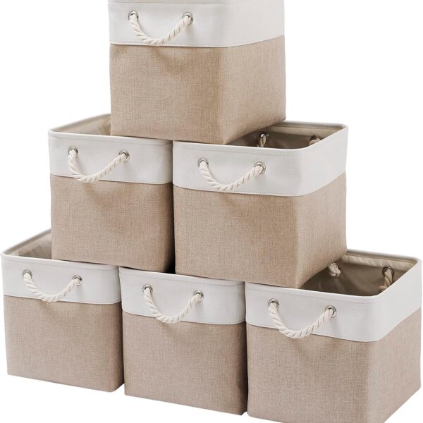 MidmmVick 11 x 11 Inch Cube Storage Bins, 6 Pack Large Collapsible Fabric Storage Bin with Ropes, Foldable Storage Cubes for Home, Office,Closet, Clothes, Toys Organizer (White & Beige-11"x11"x11")