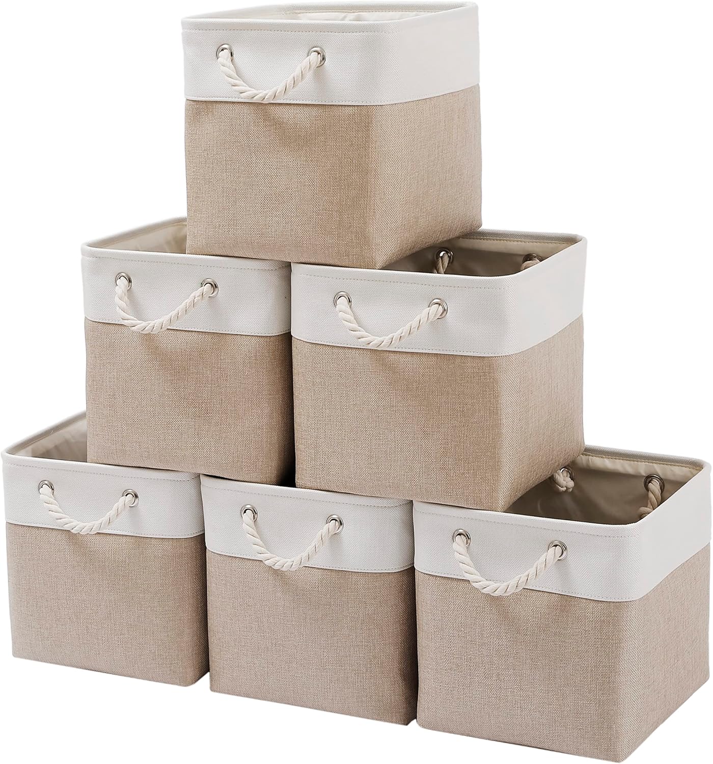 MidmmVick 11 x 11 Inch Cube Storage Bins, 6 Pack Large Collapsible Fabric Storage Bin with Ropes, Foldable Storage Cubes for Home, Office,Closet, Clothes, Toys Organizer (White & Beige-11"x11"x11") MidmmVick 11 x 11 Inch Cube Storage Bins, 6 Pack Large Collapsible Fabric Storage Bin with Ropes, Foldable Storage Cubes for Home, Office,Closet, Clothes, Toys Organizer (White & Beige-11"x11"x11")