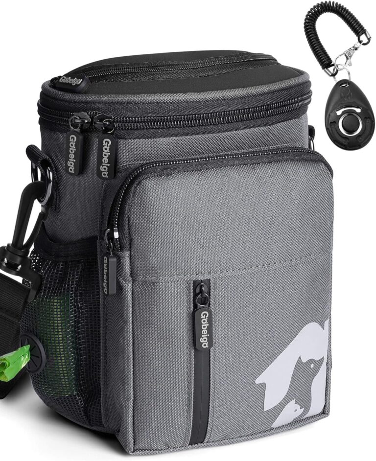 Gobeigo 8 Cup Dog Treat Pouch 3 Ways to Wear  Treat Bag for Training & Walking, Built-in Poop Bag Dispenser, Large Phone Friendly (Gray & Black)