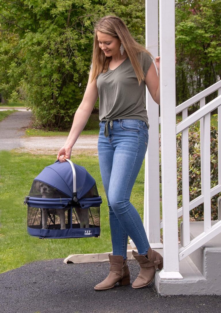 Pet Gear No-Zip View 360 Pet Safety Carrier & Car Seat for Small Dogs & Cats Push Button Entry, View 360 20-inch, Navy