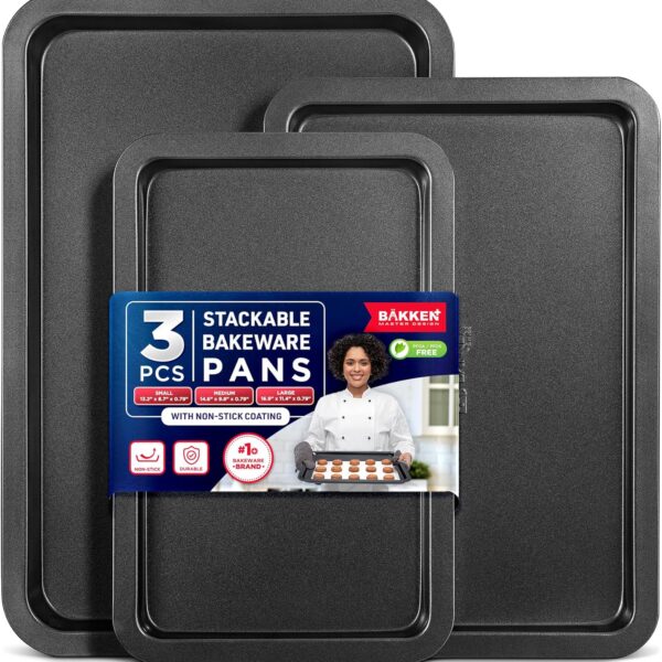 3 Piece Set Nonstick Carbon Steel Oven Bakeware -Professional Quality Kitchen Cooking Baking Trays -PFOA, PFOS, PTFE-Free Small, Medium & Large Baking Sheet Pans