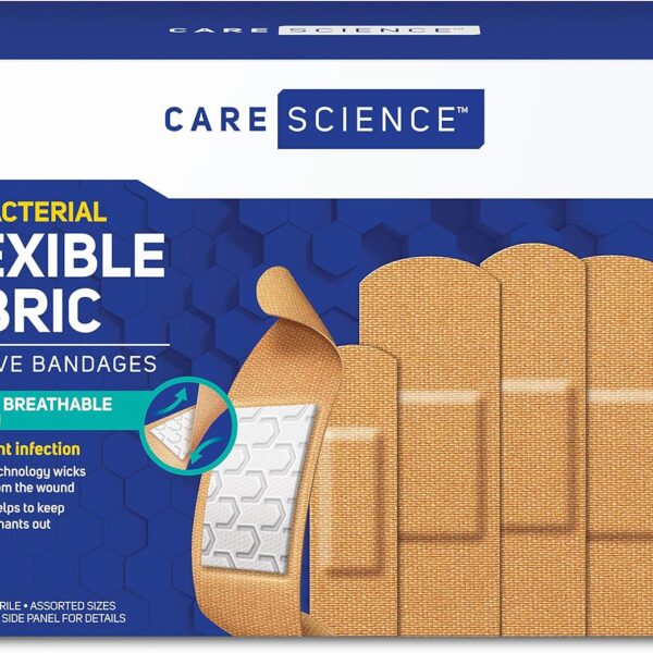 Care Science Fabric Adhesive Bandages, 200 ct Bulk Assorted Sizes | Flexible + Breathable Protection for First Aid and Wound Care