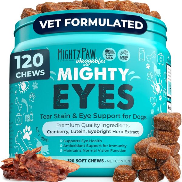 Mighty Paw Waggables Eyes (Made in USA) | Tear Stain Chews for Dogs. Vision and Tear Stain Support Supplements for Dogs. Lutein Supplement. Lubricates Eyes, Immune Support (120 Ct)